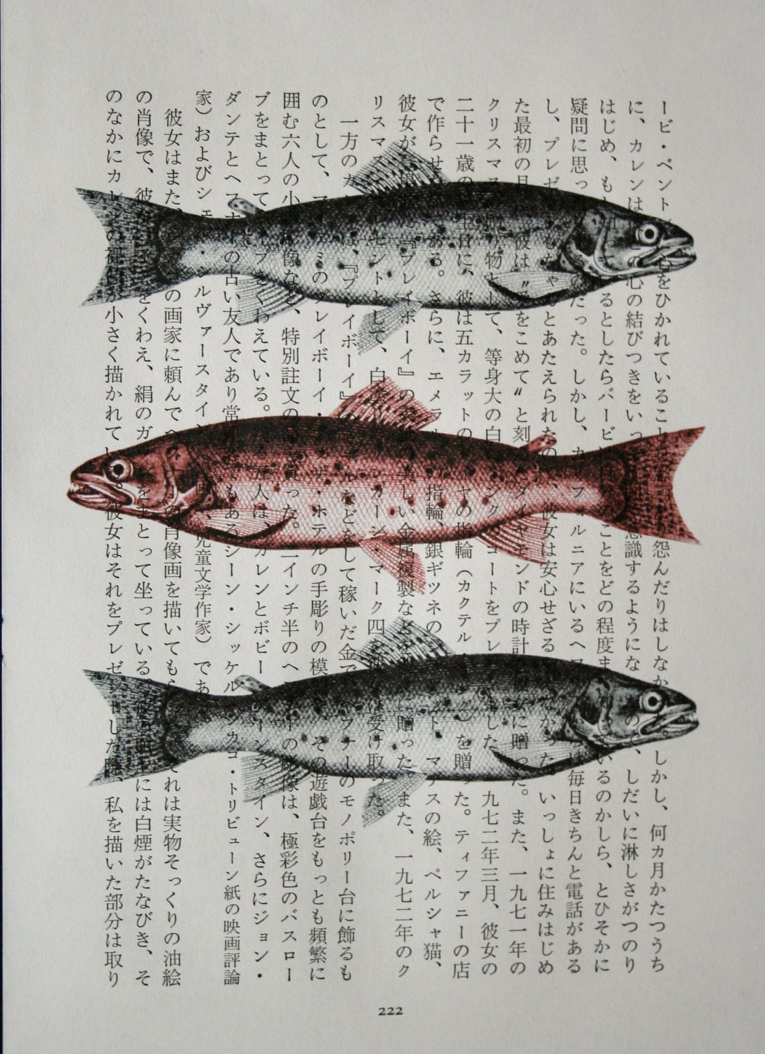 Fish Print on Vintage Japanese Book Page - 5 x 7