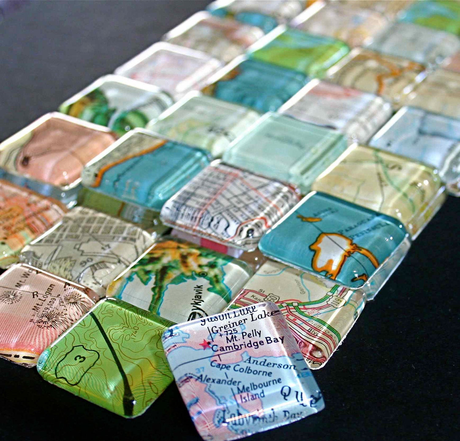 Map Magnets - Set of 5 Glass Magnets of Vintage Maps - World Maps - Party Favors Magnets
