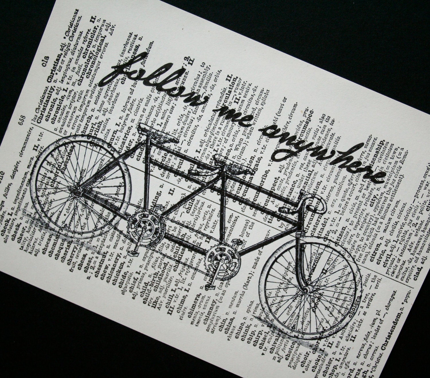 Tandem Bike Print on Vintage English Latin Dictionary - 5 x7 follow me anywhere