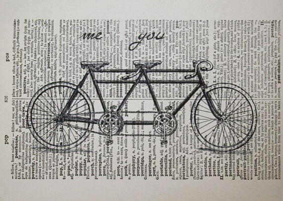 Tandem Bike Print on Vintage Latin Dictionary Page - 5 x7 Romantic Me and You Tandem Bicycle Print - Bike Art