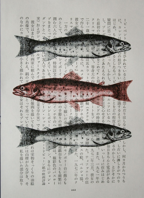 Fish Print on Vintage Japanese Book Page - 5 x 7