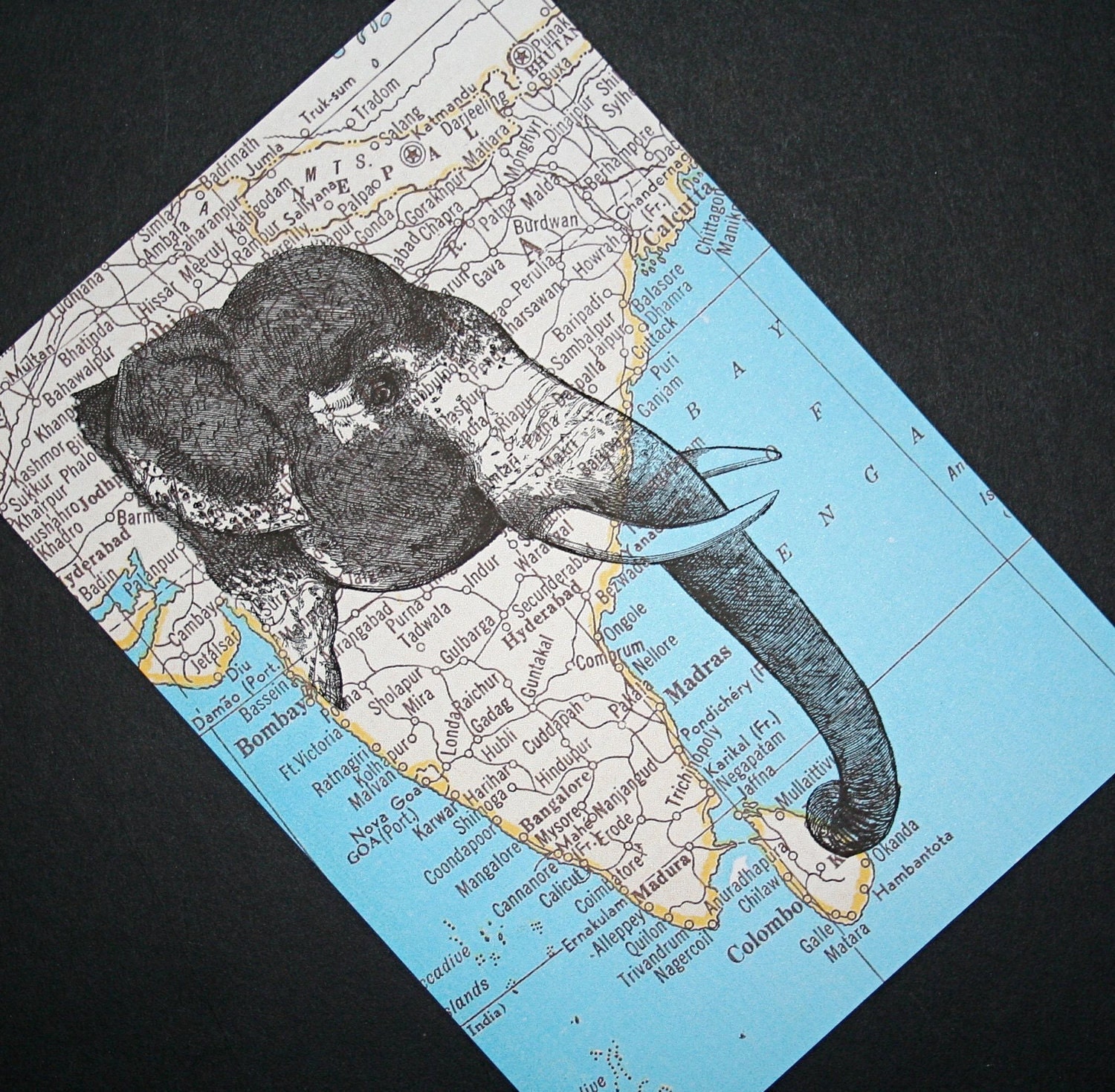 Elephant Print Map Art - India Map - 5 x 7 Asian Elephant Art Map Print