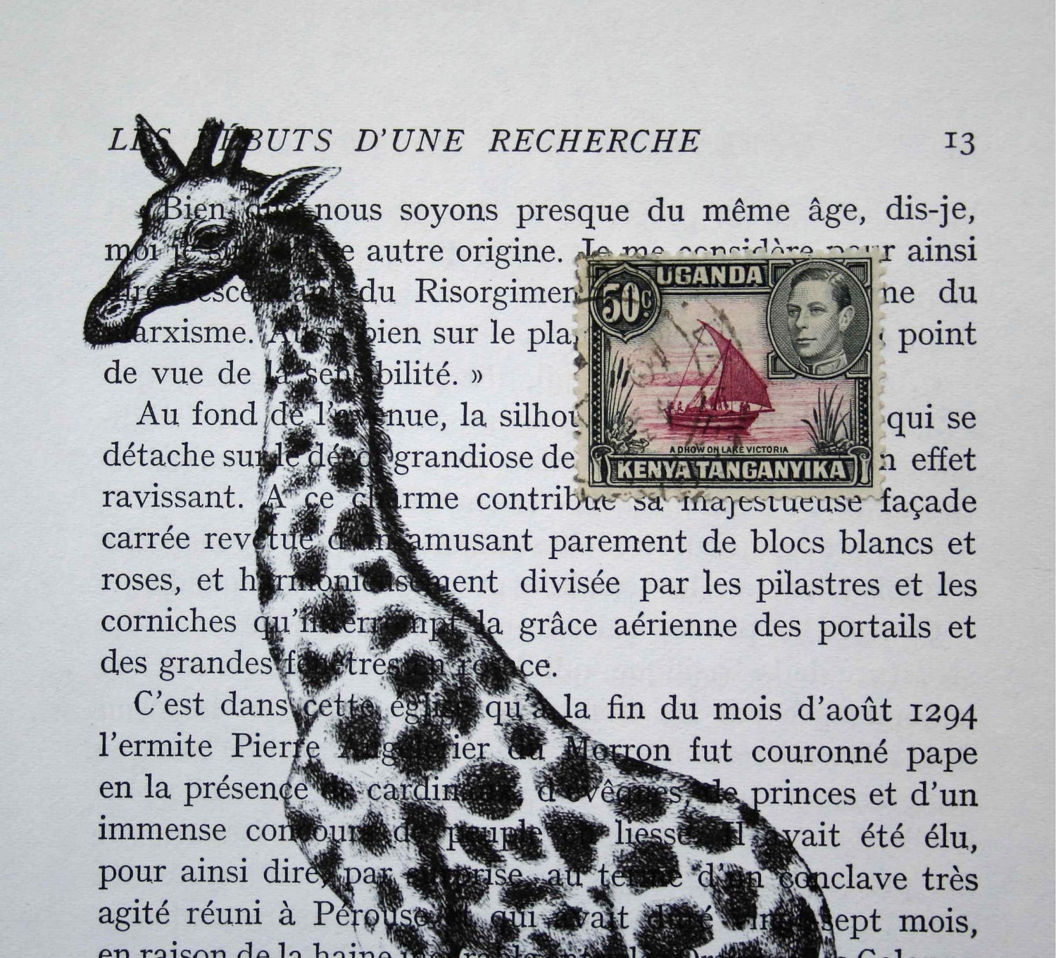 Giraffe Print Collage on Vintage French Book Page with African Postage Stamp- 5 x 7 as FEATURED in Traditional Living Magazine