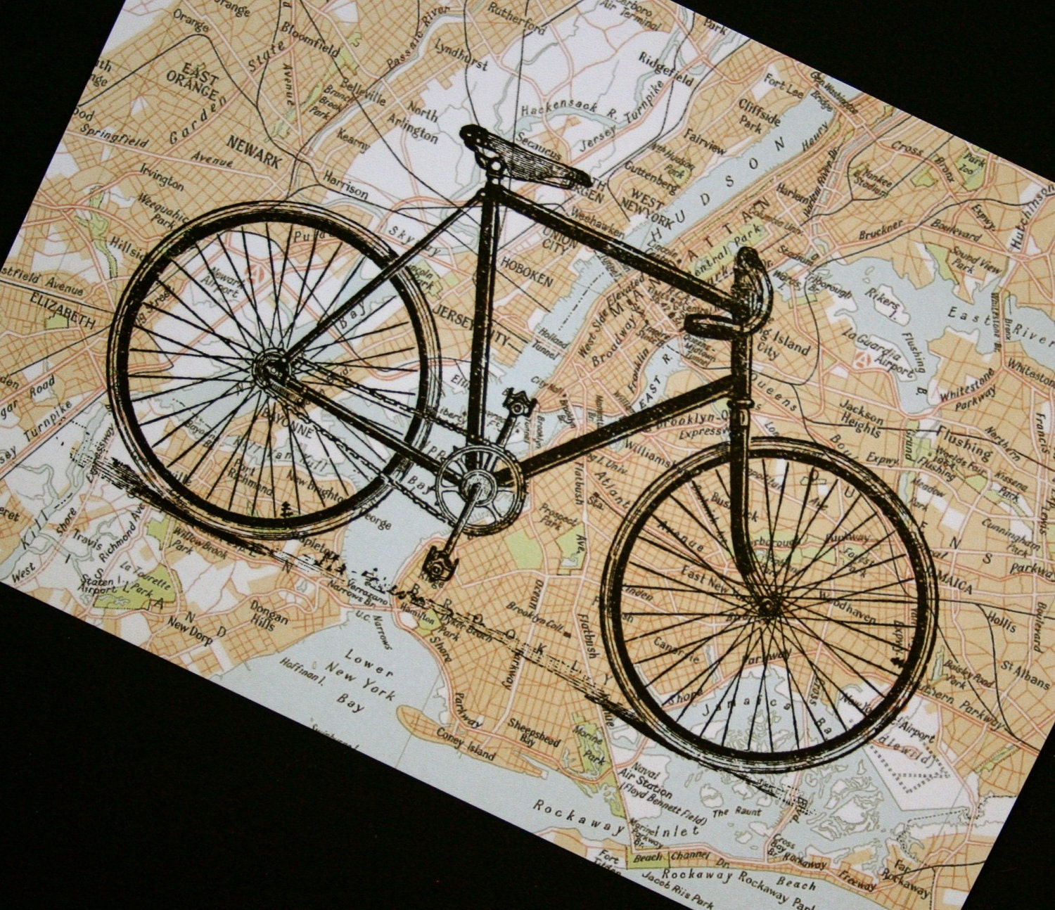 Bicycle Print on New York City Map - 5 x 7 Bike Print NYC Street Map Print
