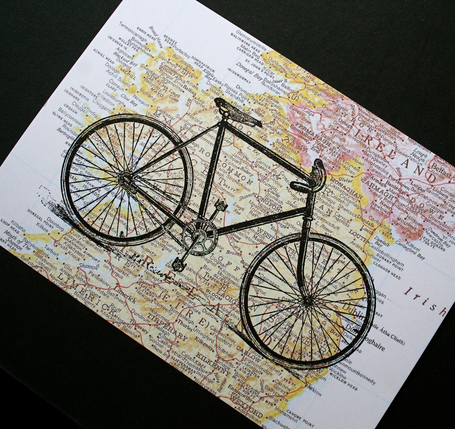 Bicycle Print on Map of Ireland - 5 x 7 Irish Bike Ride - St. Patrick's Day