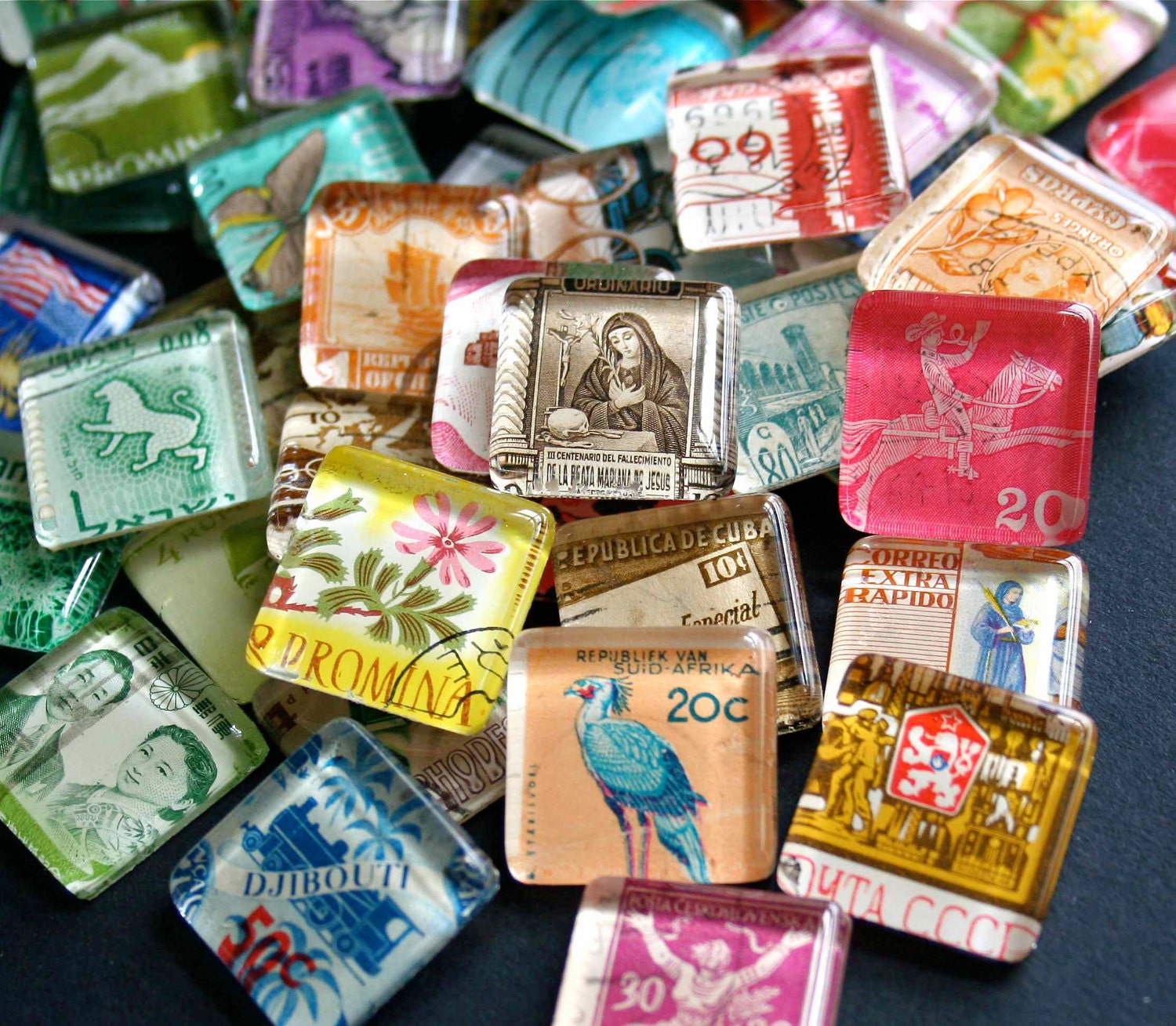 Postage Stamp Magnets - Set of 5 Glass Magnets International Stamps - Vintage Stamps - Animals Flowers People and more