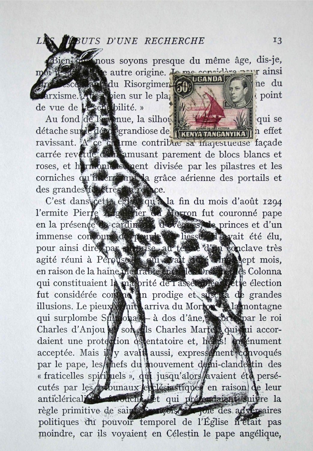 Giraffe Print Collage on Vintage French Book Page with African Postage Stamp- 5 x 7 as FEATURED in Traditional Living Magazine