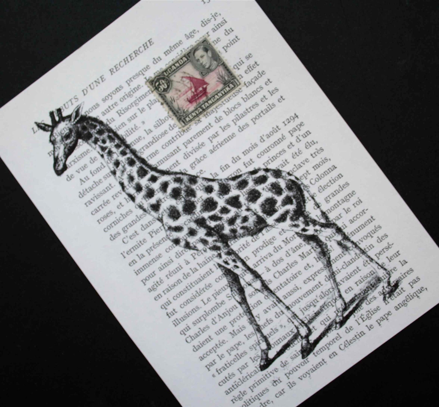 Giraffe Print Collage on Vintage French Book Page with African Postage Stamp- 5 x 7 as FEATURED in Traditional Living Magazine