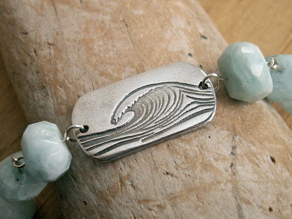 Cool Wave Bracelet Aquamarine gemstone beads unique ocean recycled fine silver link sterling wire