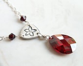 Romantic Necklace garnet red sparkling CZ pendant with plumeria flower link in handmade recycled .999 Fine Silver
