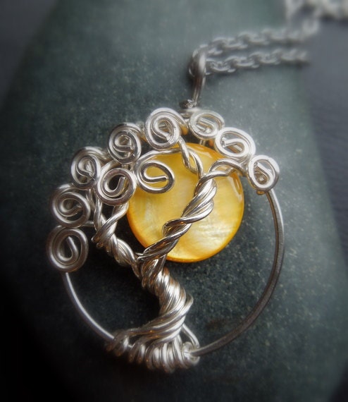 Yellow Moon Mother of Pearl Sterling Silver Tree of Life Necklace