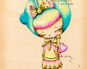 9x12-Shy Kokeshi Heart Doll-Big Eye Girl in Blueberry and Lime Flies a Love Kite--Pinkytoast Art Print