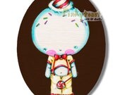 Original Painting-Happy Snow Cone Boy-Sweet Kawaii Baby-Pinkytoast Art-Oval 6x8 inches