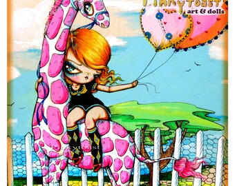 Happy Zoo Ride Said the Pink Giraffe-Little Big Eyed Girl and her Balloons-Pinkytoast Art Print-8x10