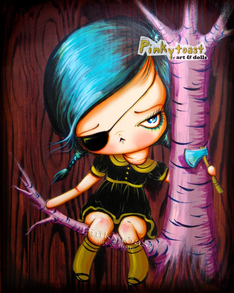 The Little Tree Sitter-Pink Fairy Tale Forest-Big Eye Girl-Pinkytoast--Pinkytoast Art Print-8x10