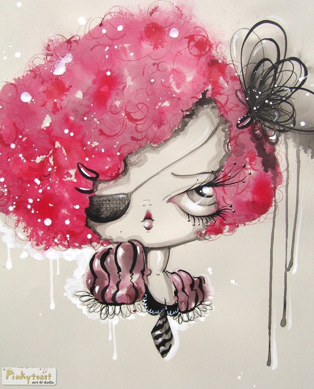 Redhead Girl in Stripes and Eye Patch-Big Eye Circus Portrait -Pinkytoast Art Print-8x10