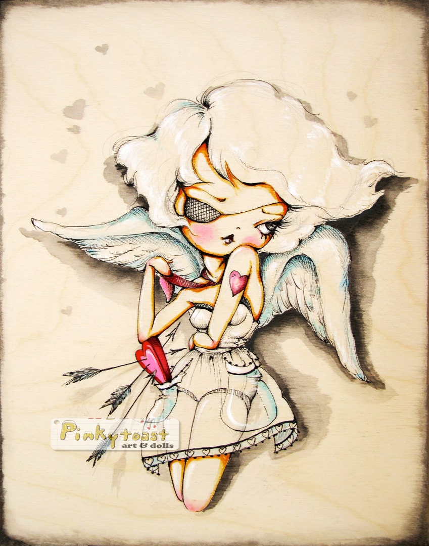 11x14- Valentine Cupid Girl and her Love Arrow-Big Eye Tattoo Angel Pinup-Pinkytoast Art Print