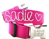 Engraved Personalized Metal Buckle Webbing Dog Collar with Hand Embroidery - 18 colors