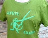 Running with Scissors SAFETY THIRD tshirt womens safety 3rd   green tshirt handmade screenprint