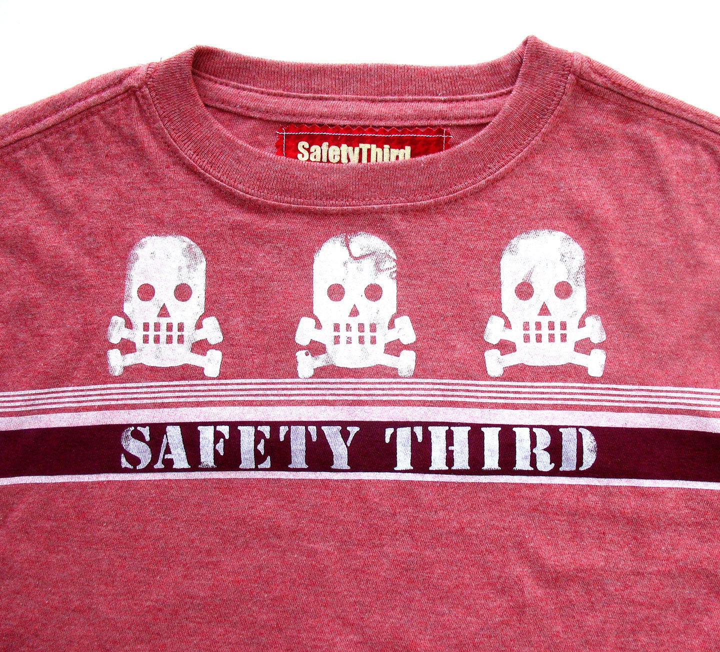SAFETY THIRD Boys Tshirt - Cracked skull and crossbones striped tshirt -  shirt M 8 unique t-shirt chldren clothing