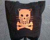 Black canvas Tote with Orange Halloween Kitty tote -  Kitty Crossbones Skull tote bag