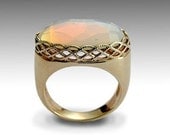 Victorian braided Engagement ring - 14k yellow gold ring set rose cut opalite gemstone - Moonshadow