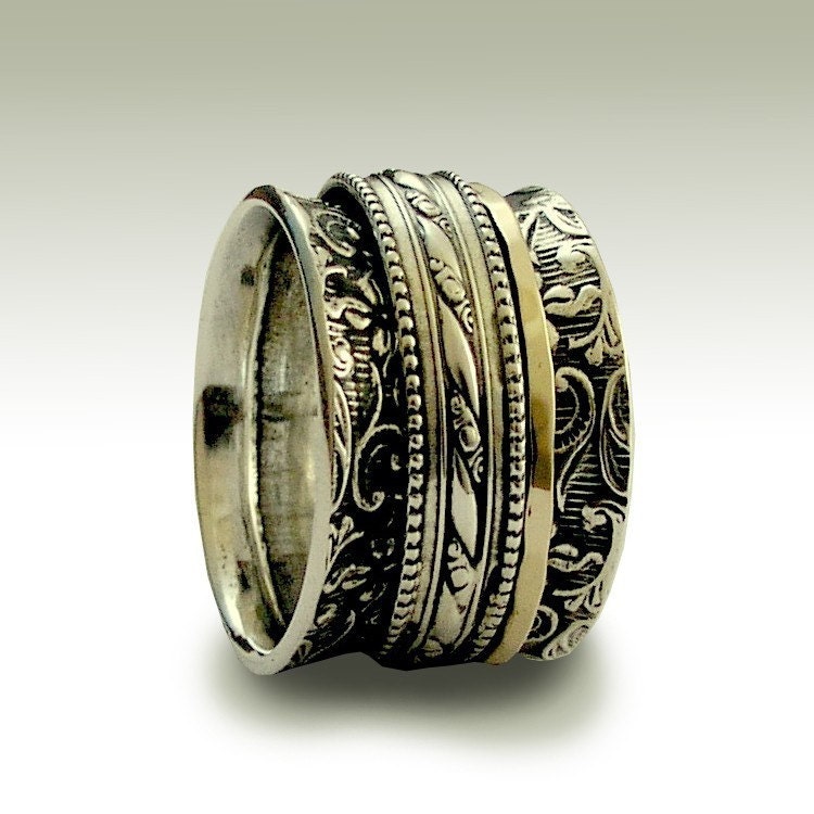 Sterling silver stacking band with silver and gold spinners - In my heart.