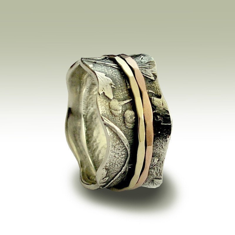 Wedding band - Sterling silver stacking yellow and rose gold spinners band - Breathe