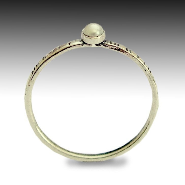 Simple engagement ring - sterling silver,  tiny, thin, gemstone ring inlaid a fresh water pearl - Time out .