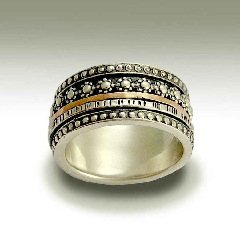Sterling silver stacking meditation band with silver and gold spinners - Reve de femme