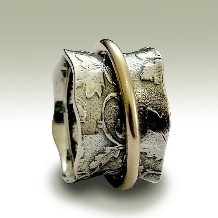 Spinner ring - Sterling silver botanical band with yellow gold spinner - Nothing else matters