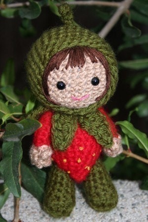 Crochet Pattern- Ruby in a strawberry costume amigurumi doll