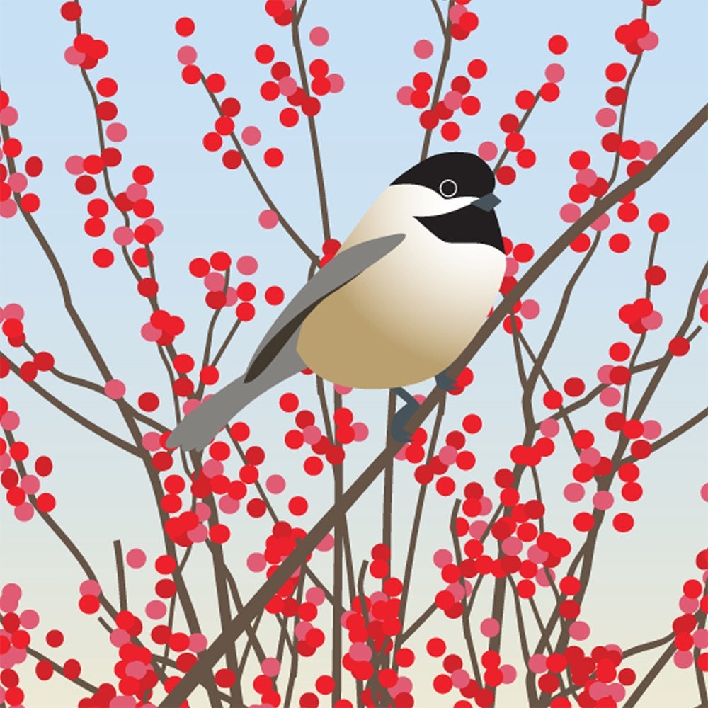 Chickadee, 5 x 7 Fine Art Print Digital Illustration Bird Black Capped Chickadee Winterberry Ilex Red Woodland