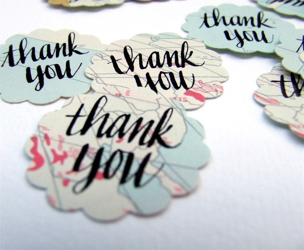 Vintage Map Thank You Stickers, package of 20 handwritten calligraphy stickers