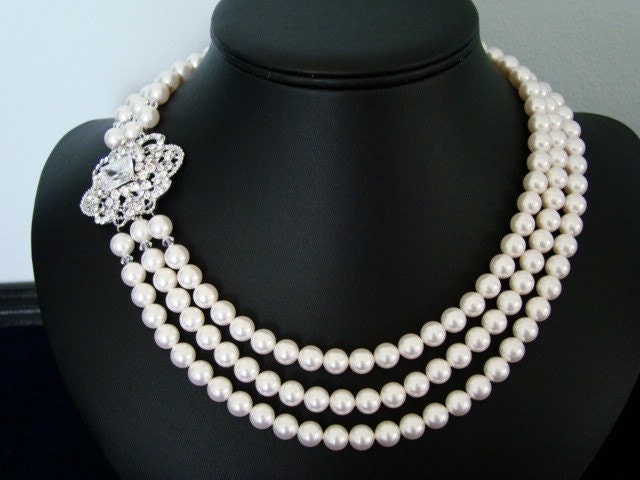 Victorian Wedding Necklace, Pearl Bridal Necklace, Brooch Wedding Jewelry, 3 Strand Necklace, Side Set, Vintage Necklace - The Molly