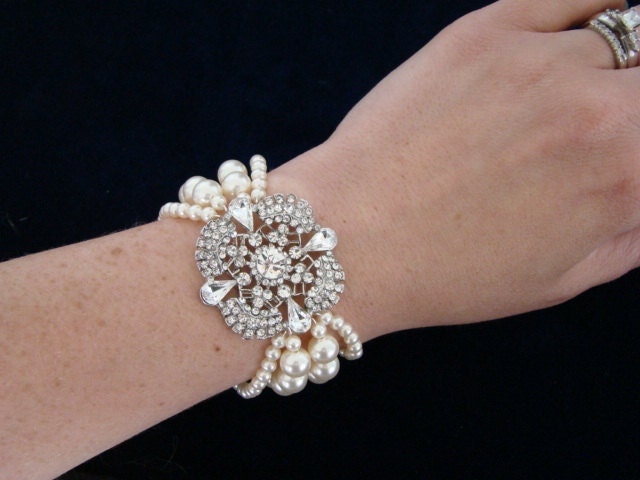 Vintage Style Wedding Bridal Bracelet, Rhinestone Bracelet Cuff, White Ivory Pearl Bridal Wedding Bracelet, Art Deco Bridal Jewelry-The Edna