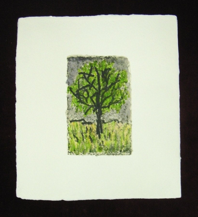 japanese washi monotype and watercolor tree painting