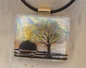 Fused Dichroic Glass Pendant, Necklace Included, Tree, Sunset, One of a Kind