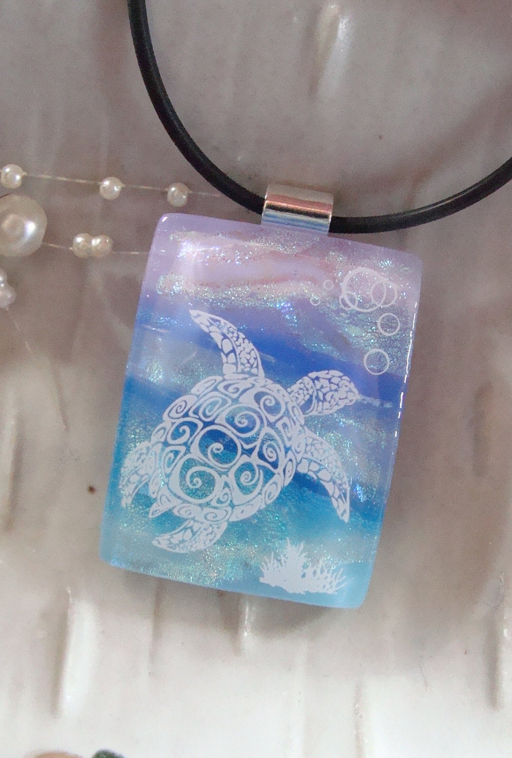 Dichroic Fused Glass Pendant, Necklace, Enamel, Turtle, Sea, Blue, Aqua, Silver, Necklace Included, One of a Kind