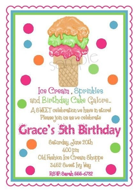 Ice cream Invitations, Ice Cream Cone, Ice cream social,  Birthday party , Children,  Favor, Party