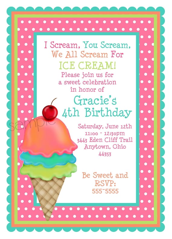 Personalized Invitations, Ice Cream Treats, Ice Cream Cone, Parlor, Sweet Shoppe, Birthday, Children, Kids, note cards, address labels, stickers, favor Il_570xn