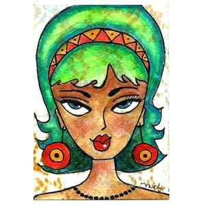 Original Art Print, ACEO ATC Whimsical Artist Trading Card, Retro Girls Art, Mod Girl Art Print, Watercolor, Green