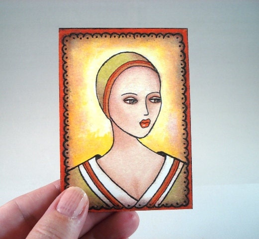 Original Art Print, Medieval Girl Art Print ACEO ATC Art Print Whimsical Giclee Art Print, Artist Trading Card, Illustration, Yellow