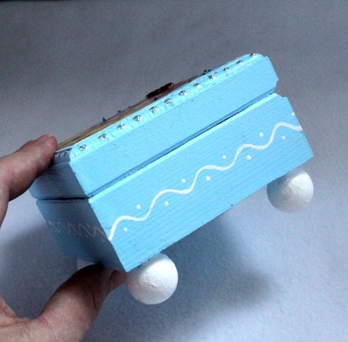 Girl Art Jewelry Box, Painted Wood Wooden Trinket Box, Square Ring Box Earring Holder Original Art Print Blue