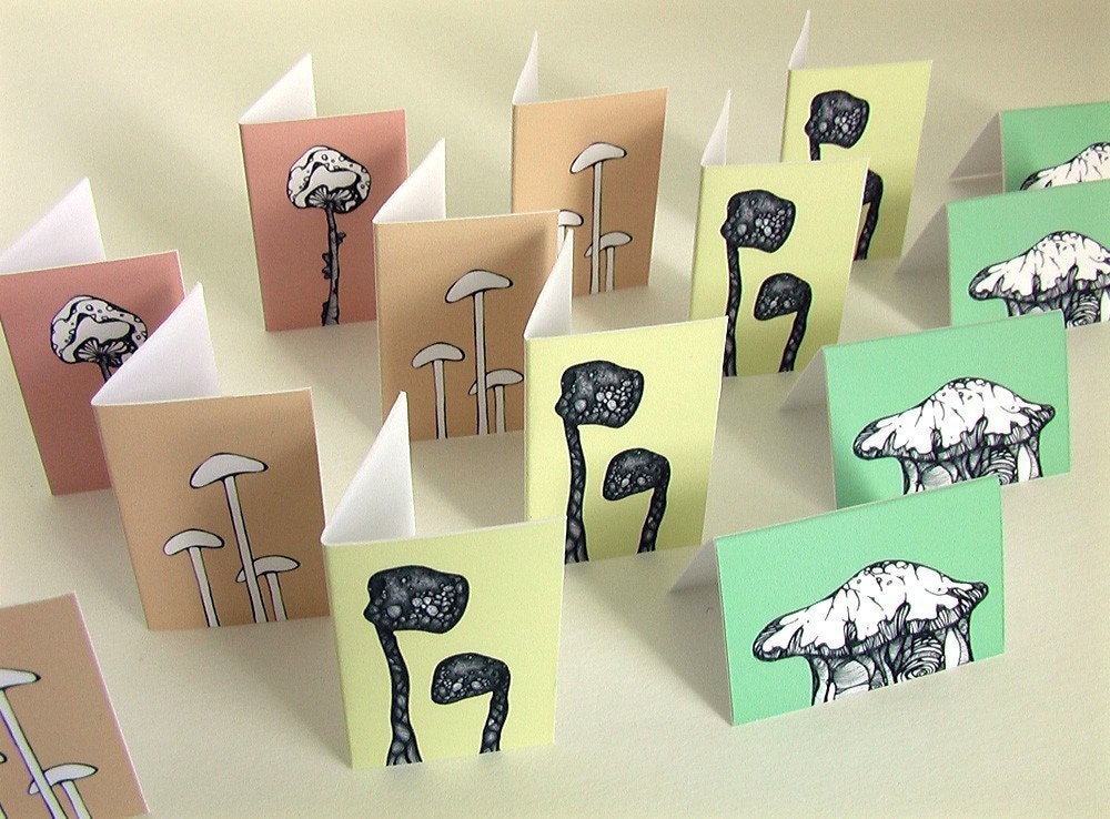 Miniature Greeting Cards - Woodland Mushrooms - Pastel Edition Set of 8 with handmade envelopes and seals