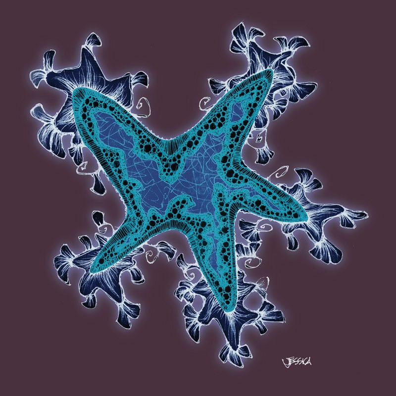 Aquarium Themed Art - Beachy Beachy Beach - Indigo Edition - Set of 4 outerwordly 8x8 prints - Sea Urchin, Barnacle, Starfish, Coral,