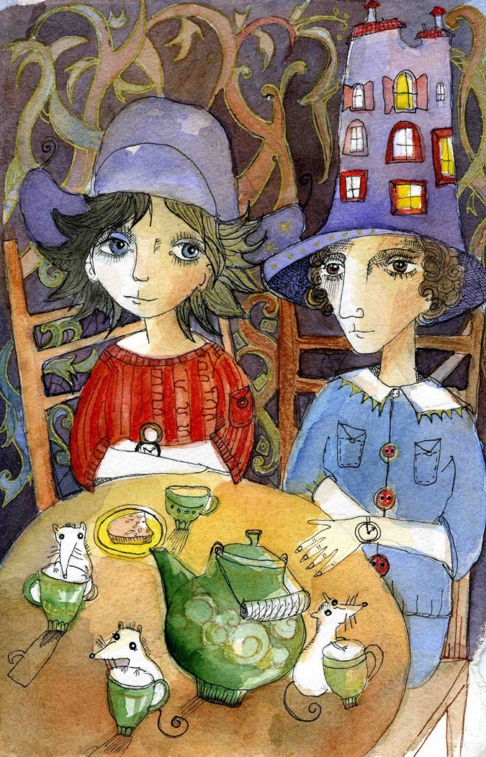 Morning green tea for the little mice Print