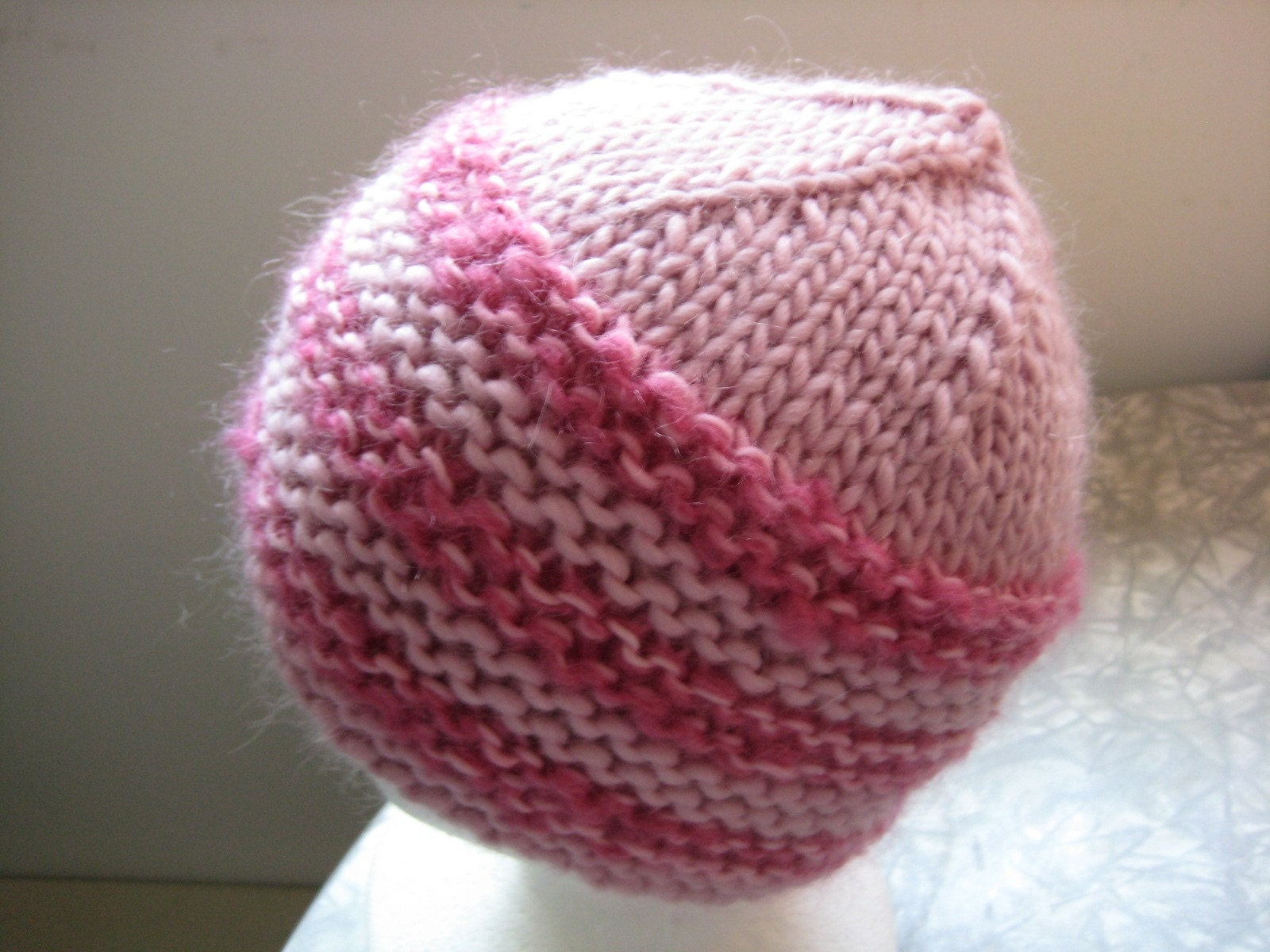 hand knit wool and mohair pink striped hat - beaconknits
