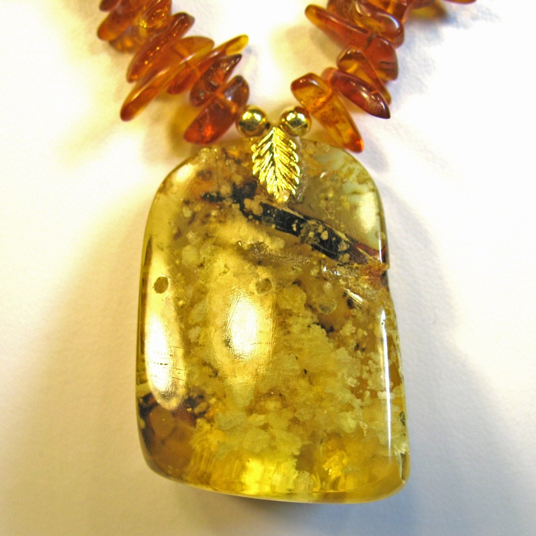 Copal Amber Necklace Beautiful Honey Colored Pendant with Inclusions and Amber Chips OOAK