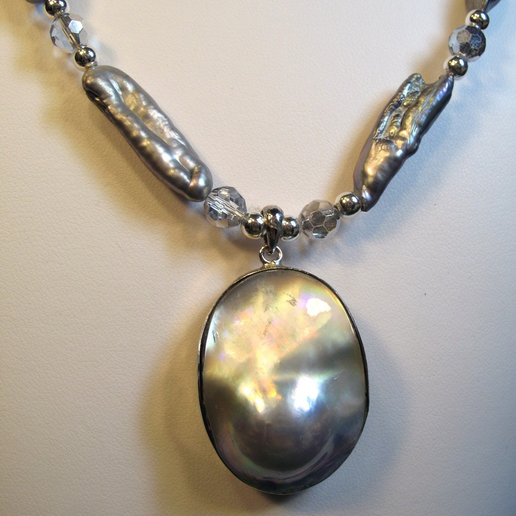 Blister Pearl Pendant Freshwater Cultured Stick Pearls with Crystal Beads Necklace Choker OOAK